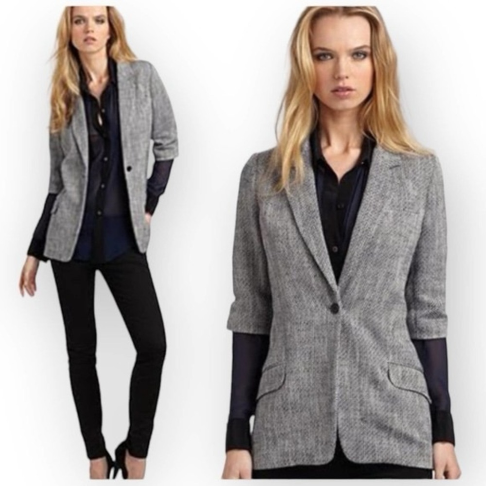 Elizabeth and James One Button Ruched 1/2 Sleeve Navy Tweed Blazer - Size 4